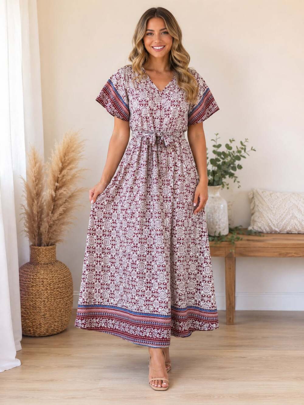 Flamingo Women’s Boho Wrap Maxi Dress Burgundy Floral V-Neck Tie Waist S